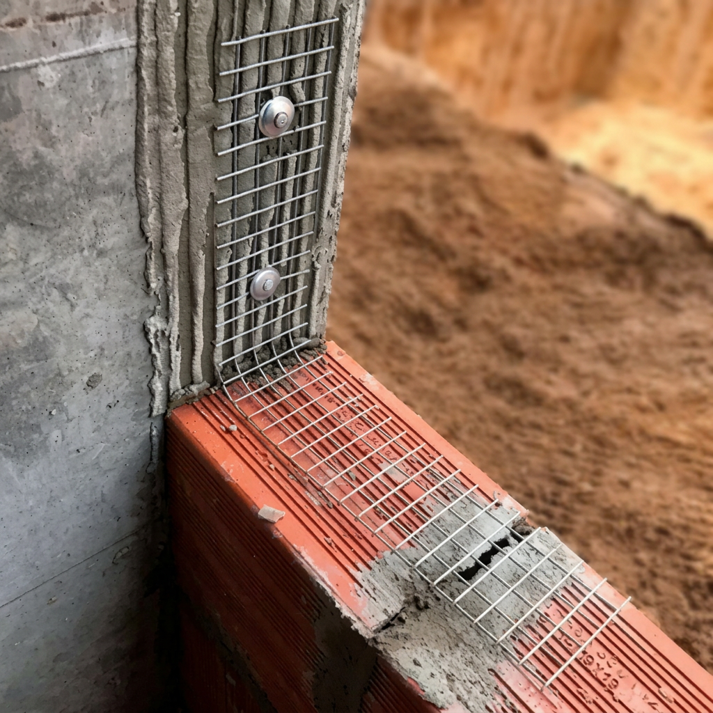 Tela AMM Alvenafix instalada na amarração entre pilar de concreto e alvenaria